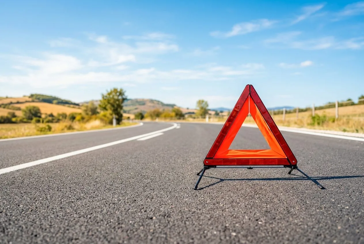 Triunghi reflectorizant pe un drum ud la apus, dupa un accident rutier cu victime