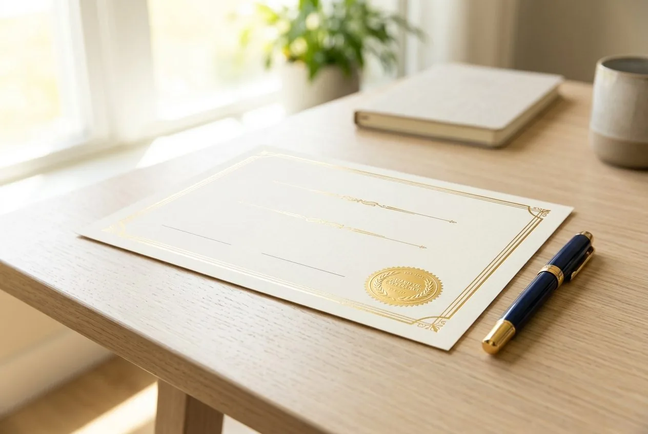 Certificat medico-legal cu stampila si stilou pe birou