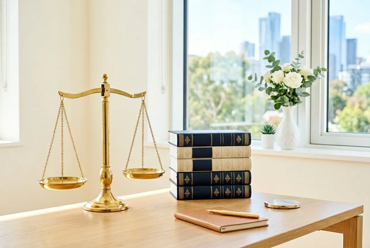 Balanta a justitiei din alama langa carti de drept pe biroul unui avocat